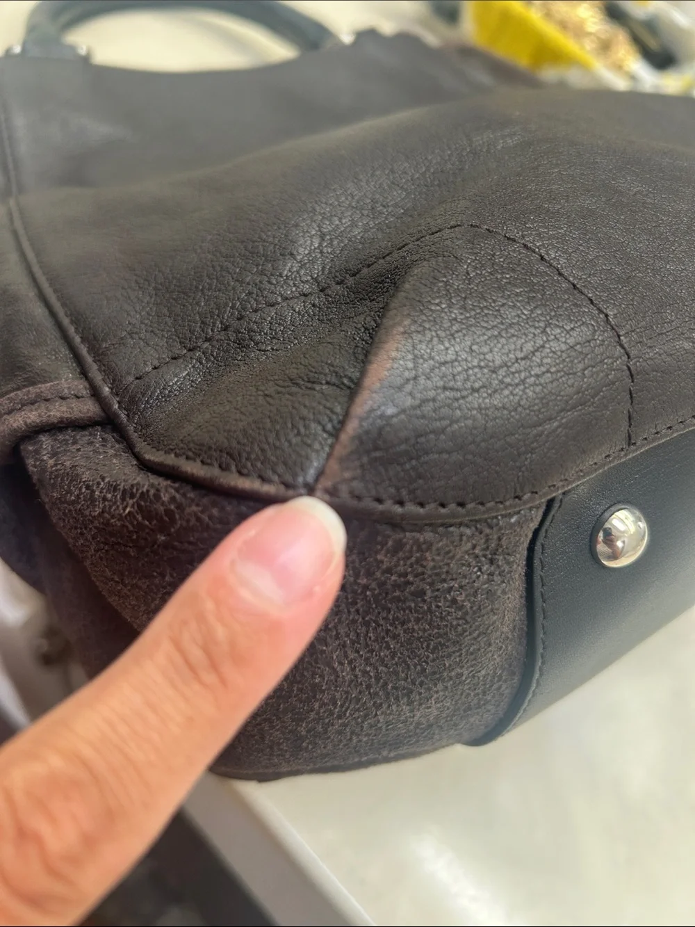 Furla dark brown mixed leather bag with Black Leather handles